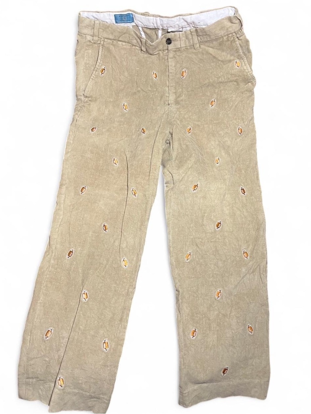 Castaway Beige Corduroy Embroidered Football Game Days Pants